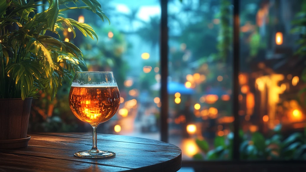 木桌上啤酒杯的特写镜头