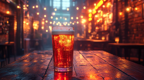 木桌上啤酒杯的特写镜头