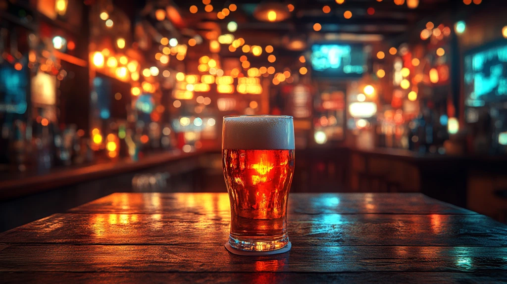 酒吧桌上啤酒杯的特写镜头