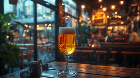 桌上啤酒杯特写镜头