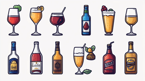 矢量单色瓶和玻璃饮料图标集