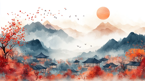 彩色亚洲风景插画