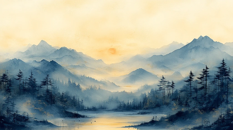 浅黄淡彩山水图