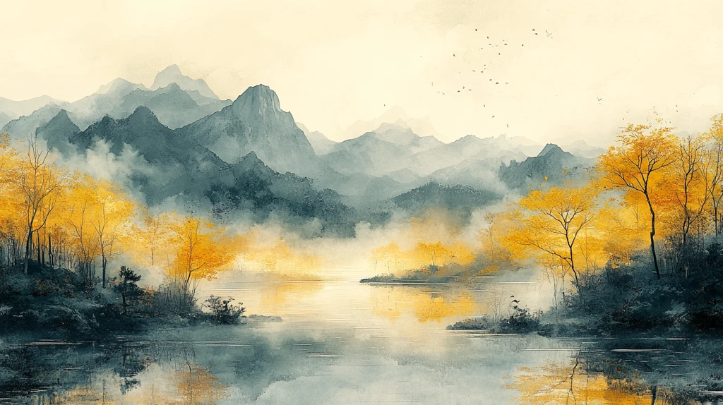 浅黄淡彩山水图