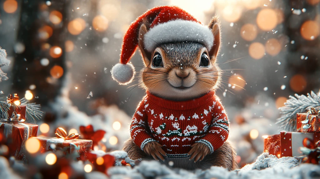 松鼠冬日圣诞林中