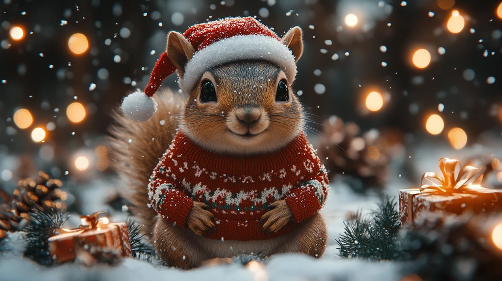 松鼠冬日圣诞林中