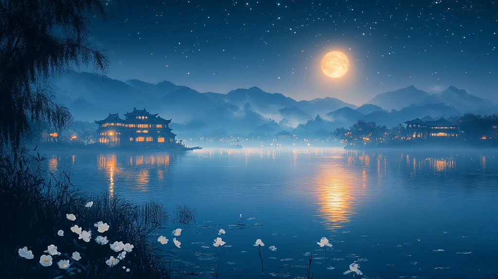 白梅江畔月夜图