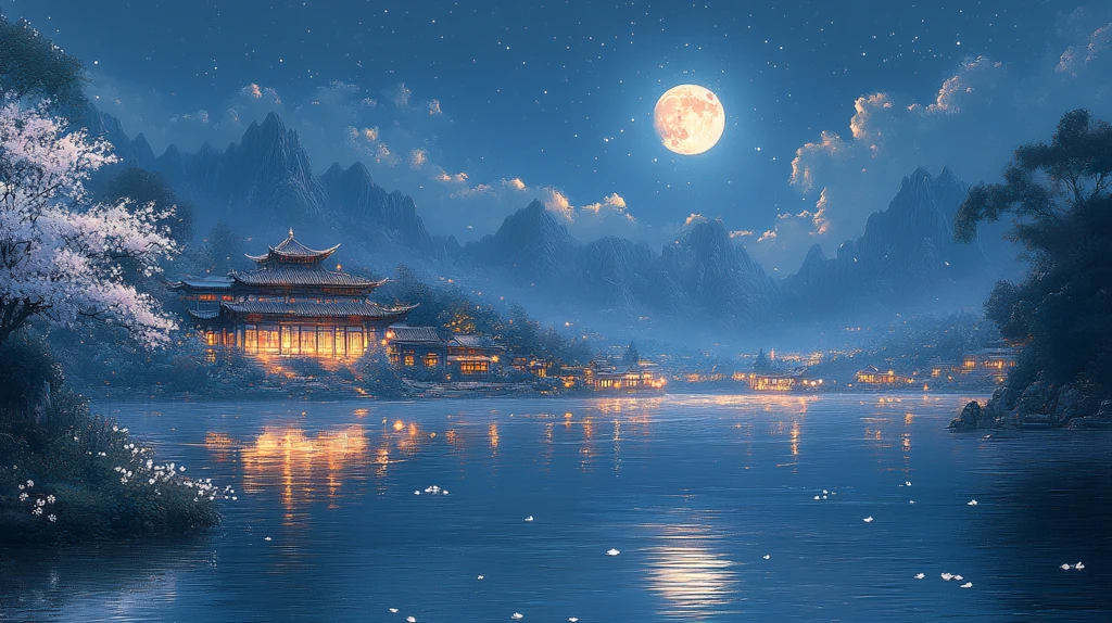 白梅江畔月夜图