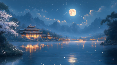 白梅江畔月夜图