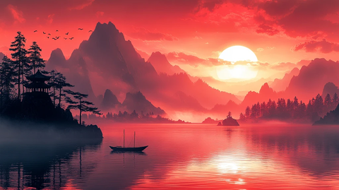 山水夕阳红霞映