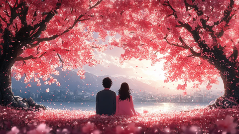 樱花树下情侣背影