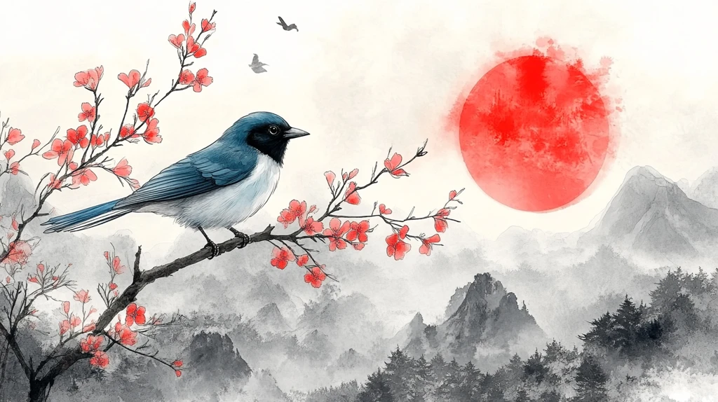 蓝鹊红日新年画