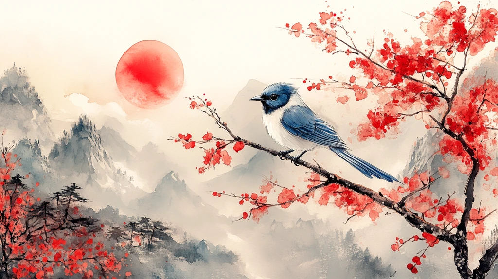 蓝鹊红日新年画