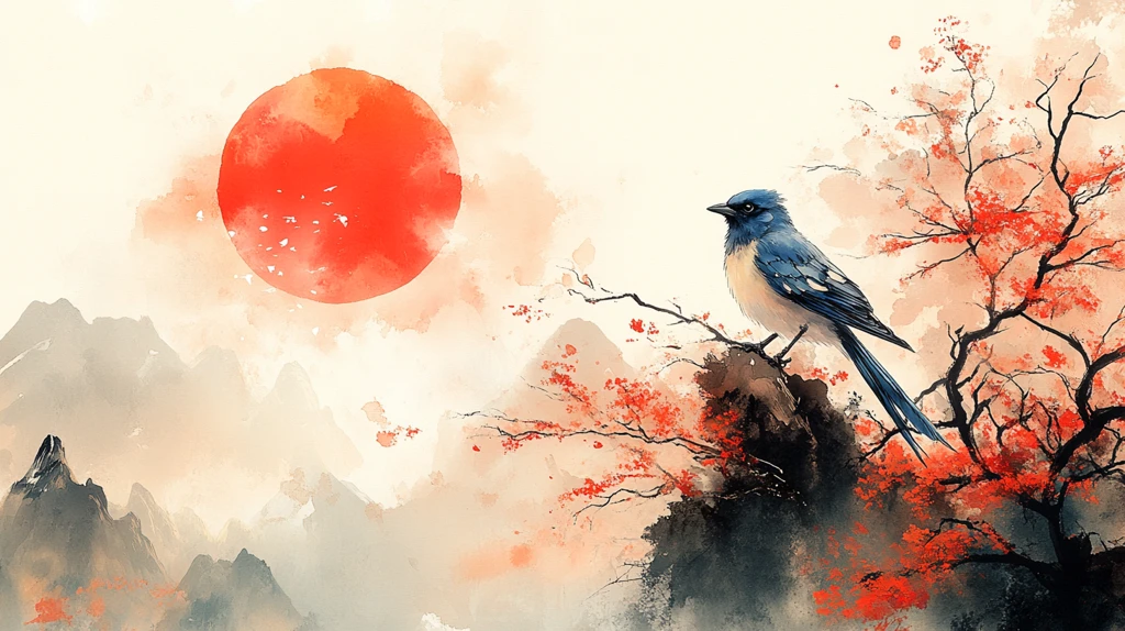 蓝鹊红日新年画