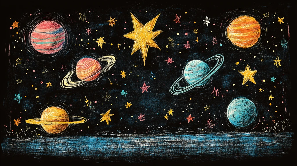 星空与行星蜡笔画