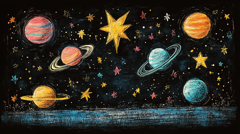 星空与行星蜡笔画