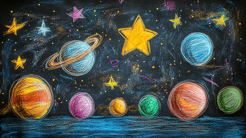 星空与行星蜡笔画