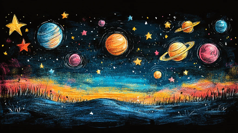星空与行星蜡笔画