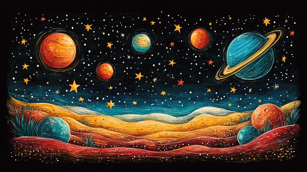 星空与行星蜡笔画