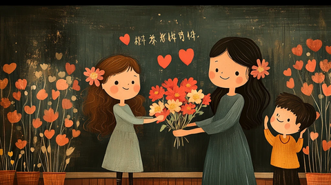 小女孩送花给老师