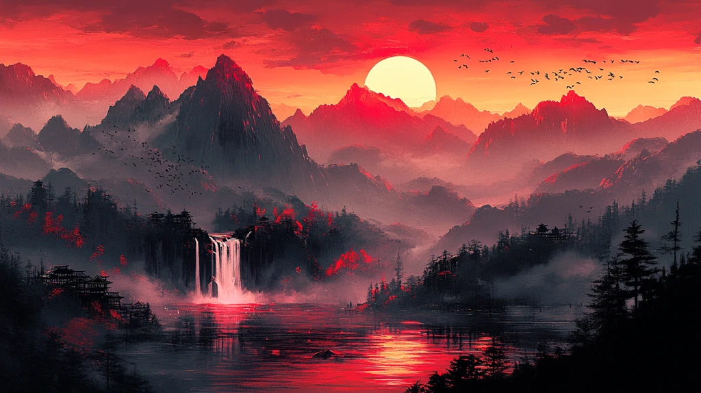 瀑布流水映夕阳