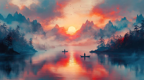 山水红蓝交替图