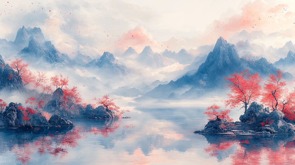 山水红蓝交替图