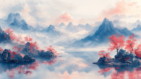 山水红蓝交替图