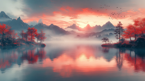 山水红蓝交替图