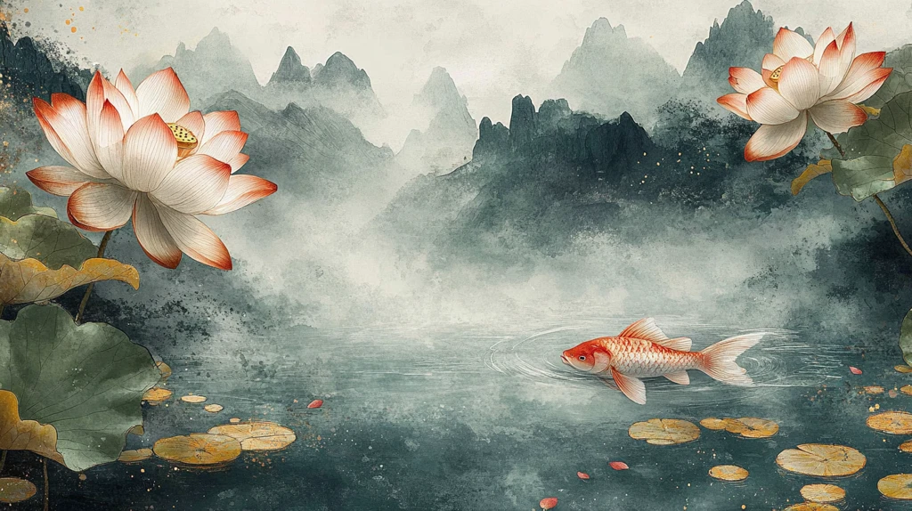 荷叶桃花鱼戏图