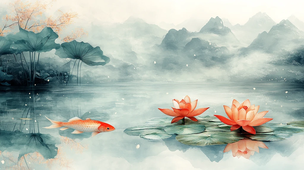 荷叶桃花鱼戏图