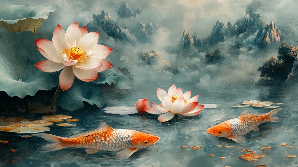 荷叶桃花鱼戏图