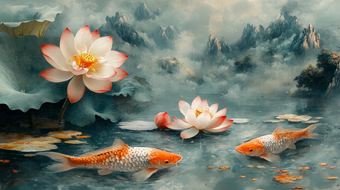 荷叶桃花鱼戏图