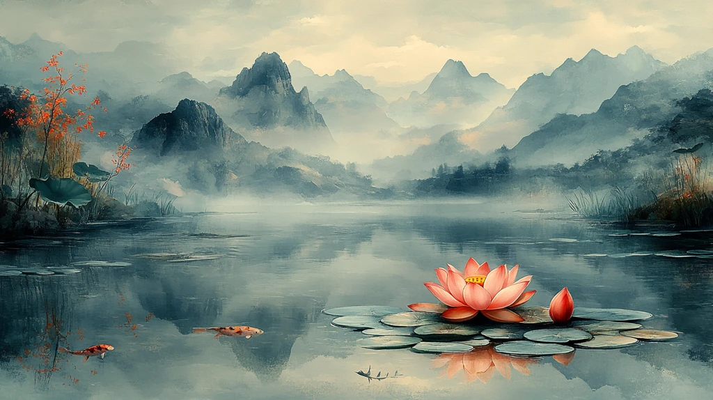 荷叶桃花鱼戏图