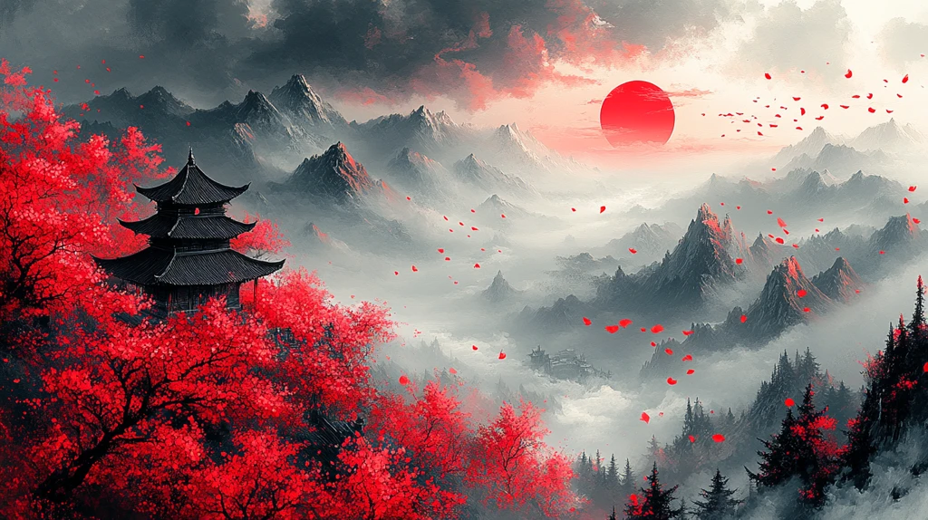 红樱黑日山水图