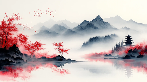 山水樱花明月塔