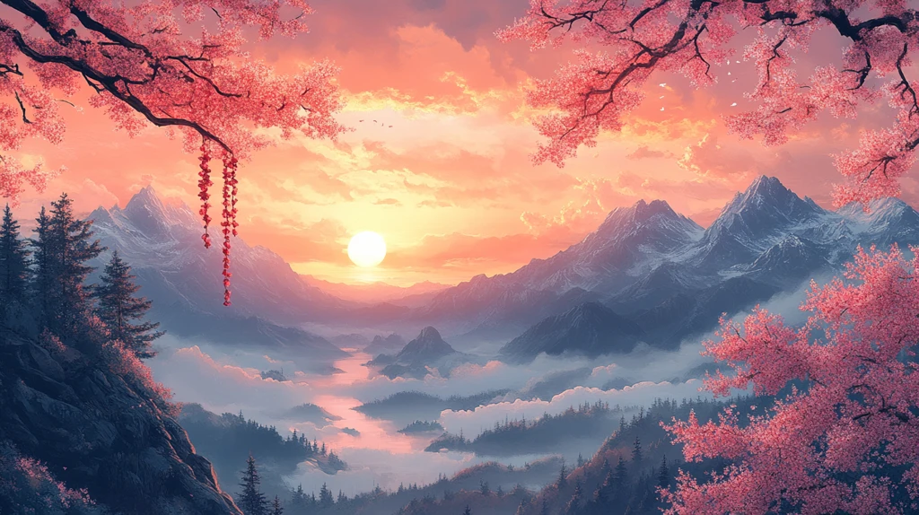 山坡樱花日落景