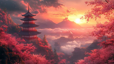 山坡樱花日落景