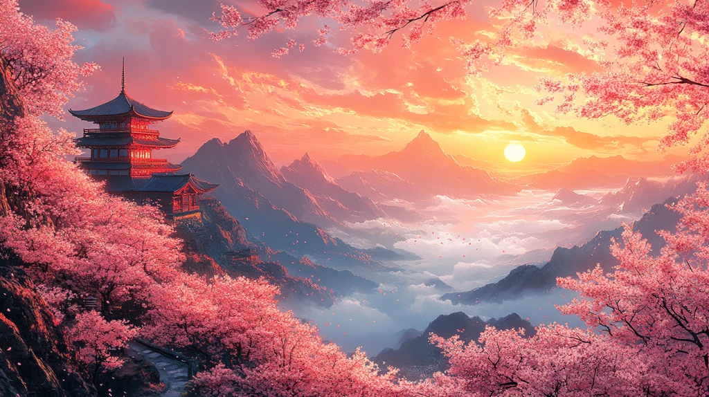 山坡樱花日落景