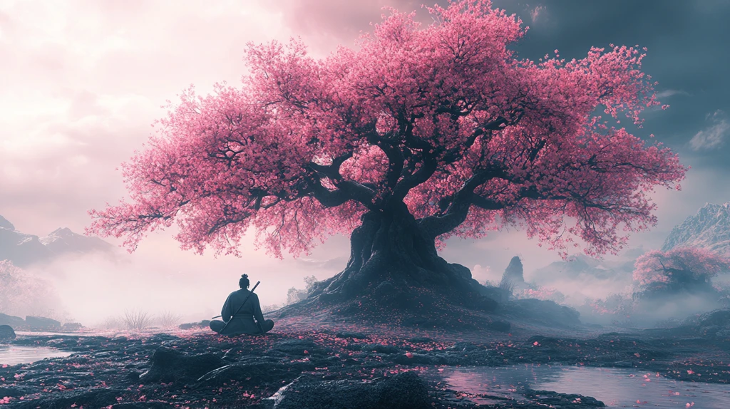 樱花树下武士冥想
