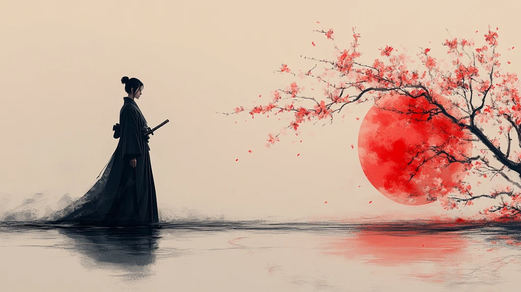 樱花背景下武士静立