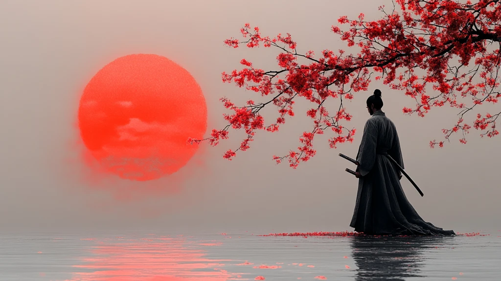 樱花背景下武士静立