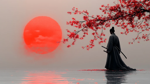 樱花背景下武士静立