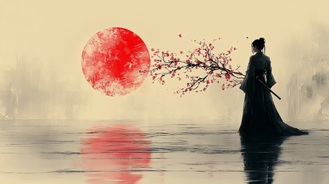 樱花背景下武士静立