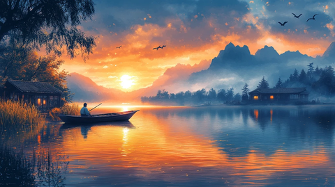 渔舟晚照湖面静