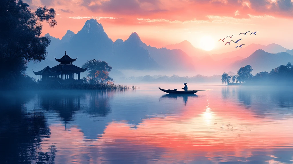 渔舟晚照湖面静