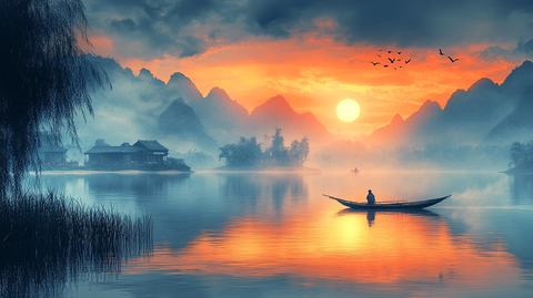 渔舟晚照湖面静