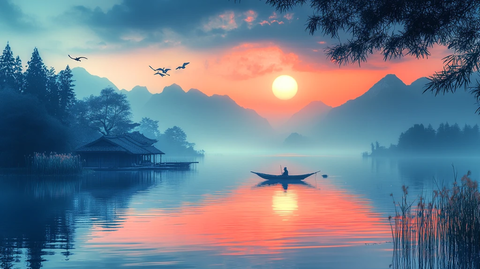 渔舟晚照湖面静