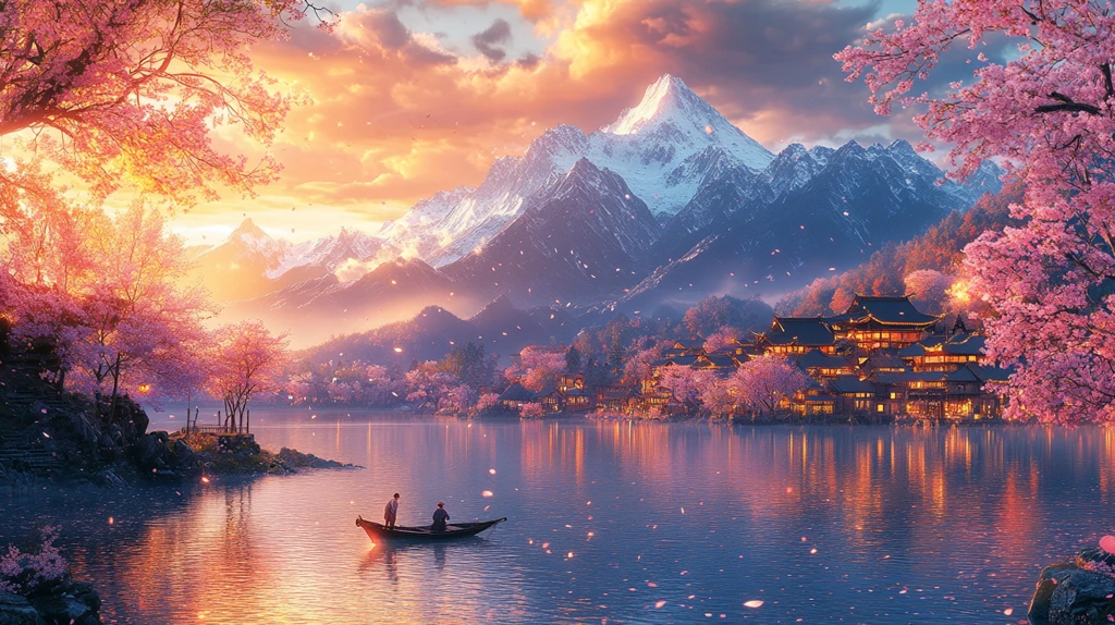 湖畔渔村黄昏景