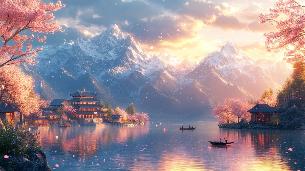 湖畔渔村黄昏景